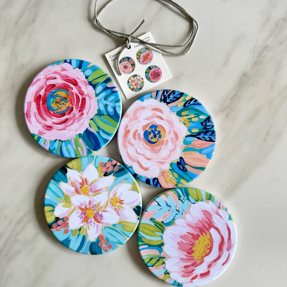 Set of 4 Colorful Floral Watercolor Coasters Art by Julie Marriott NEW🌸